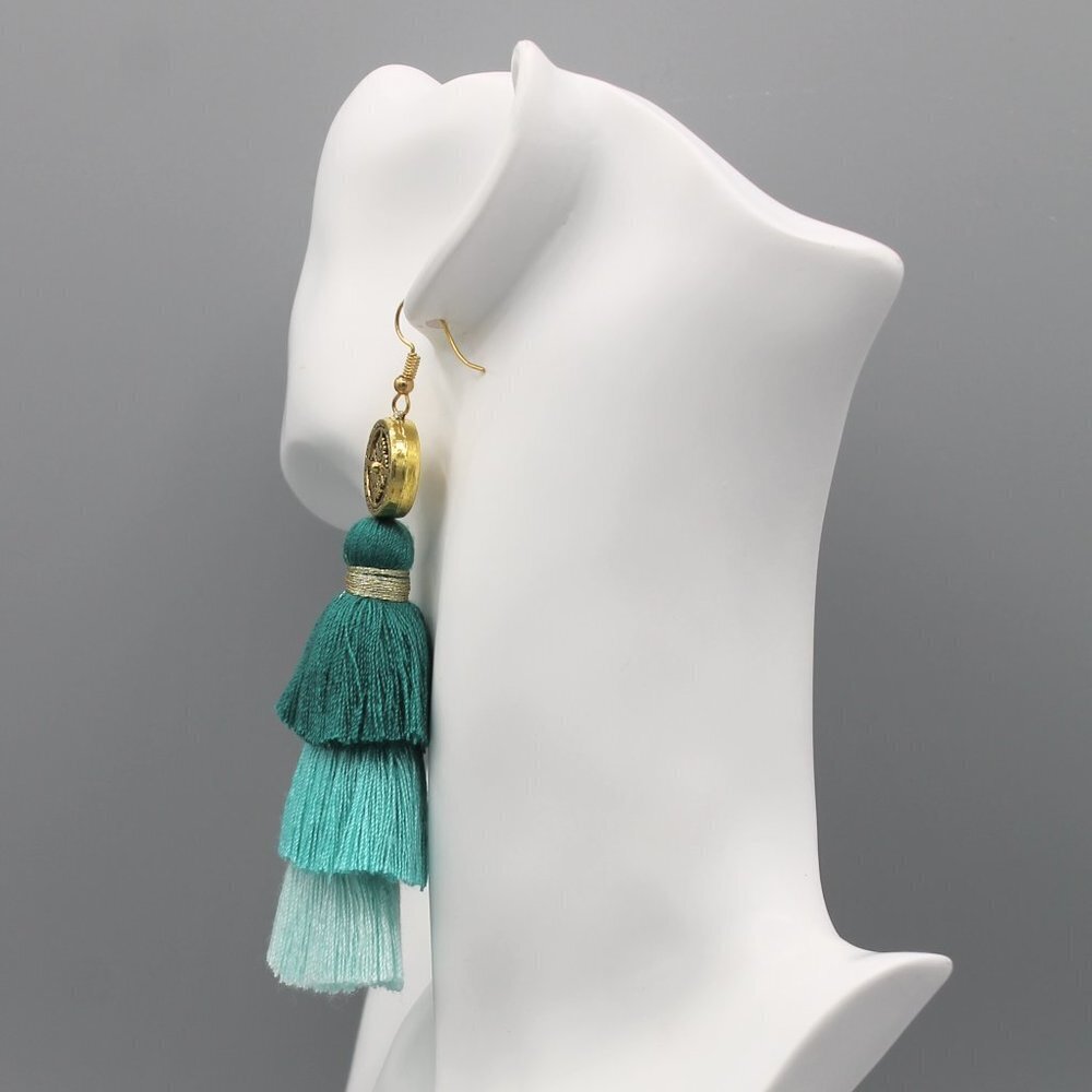Jewelry earrings drop dangle tassel boho style gold mint elegant beautiful long - Picture 5 of 9